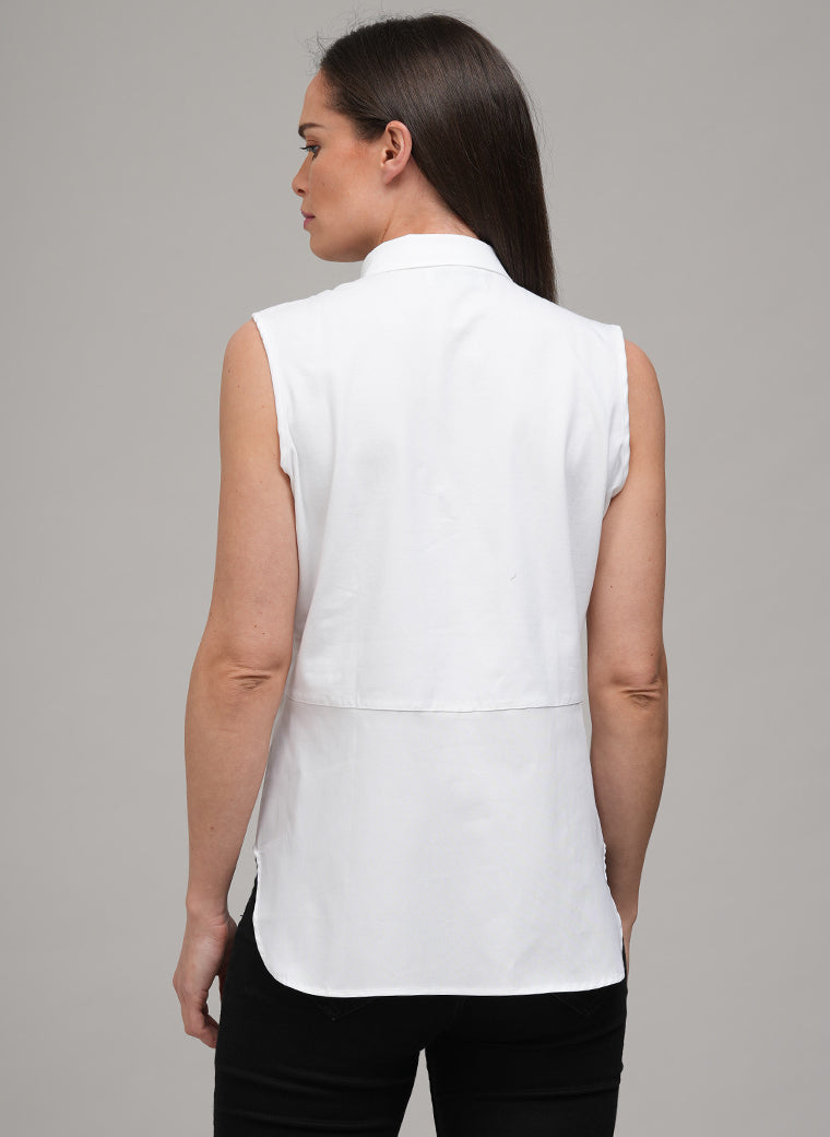 ABILENE WHITE SLEEVELESS JERSEY AND WOVEN COTTON LAYERING SHIRT