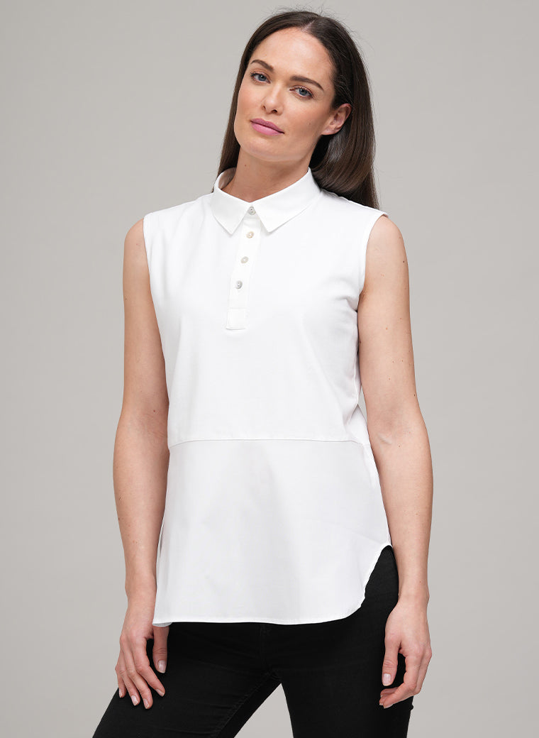 ABILENE WHITE SLEEVELESS JERSEY AND WOVEN COTTON LAYERING SHIRT