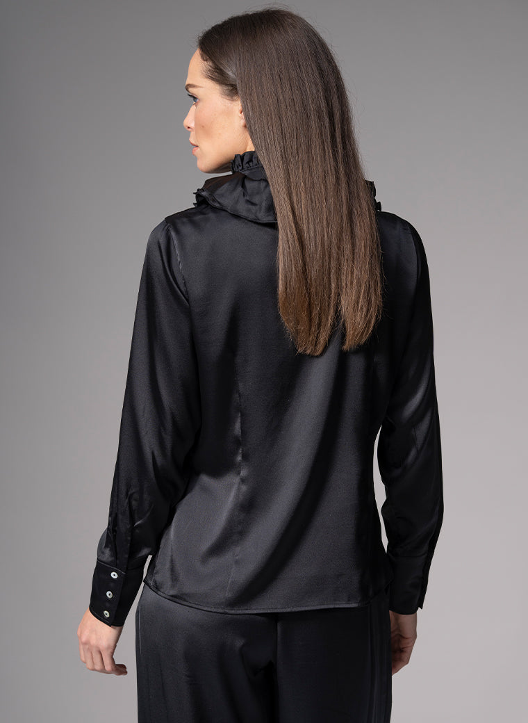 ADRIANNA BLACK RUFFLE COLLAR SILK SATIN EVENING BLOUSE