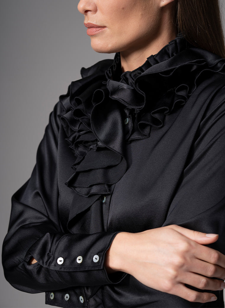 ADRIANNA BLACK RUFFLE COLLAR SILK SATIN EVENING BLOUSE