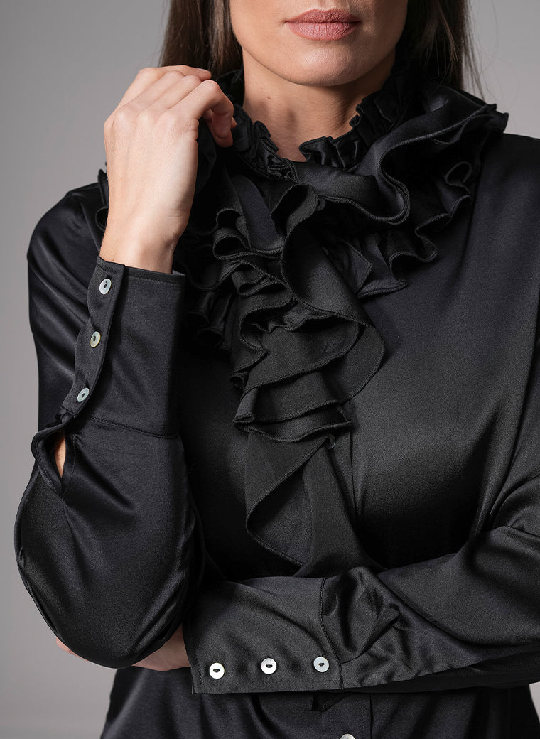 ADRIANNA BLACK RUFFLE COLLAR SILK SATIN EVENING BLOUSE
