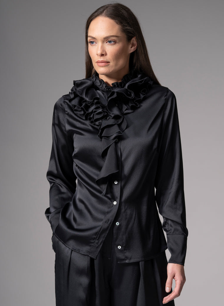 ADRIANNA BLACK RUFFLE COLLAR SILK SATIN EVENING BLOUSE