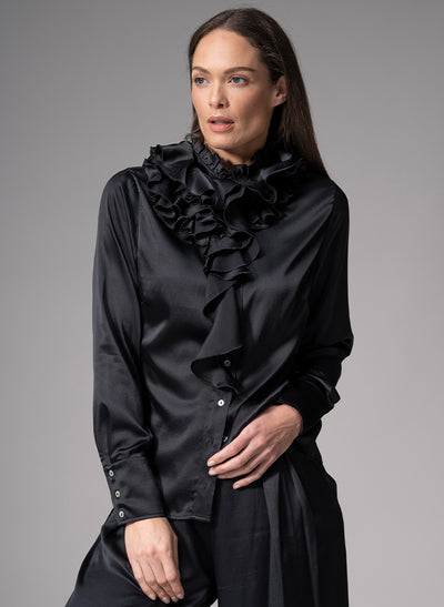ADRIANNA BLACK RUFFLE COLLAR SILK SATIN EVENING BLOUSE