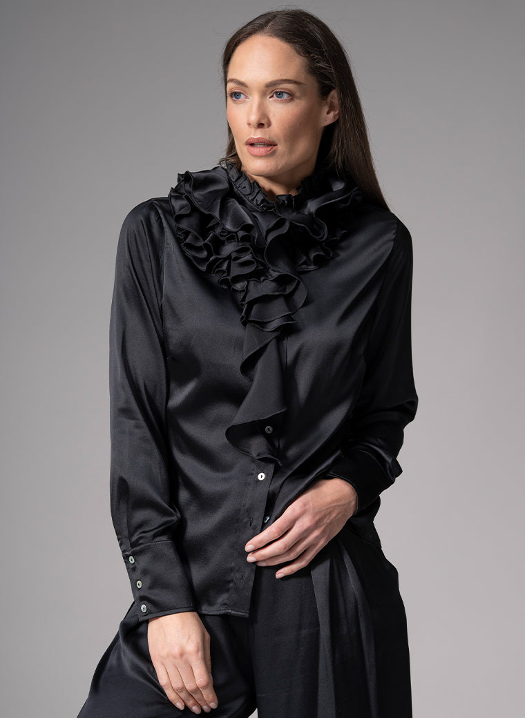 ADRIANNA BLACK RUFFLE COLLAR SILK SATIN EVENING BLOUSE