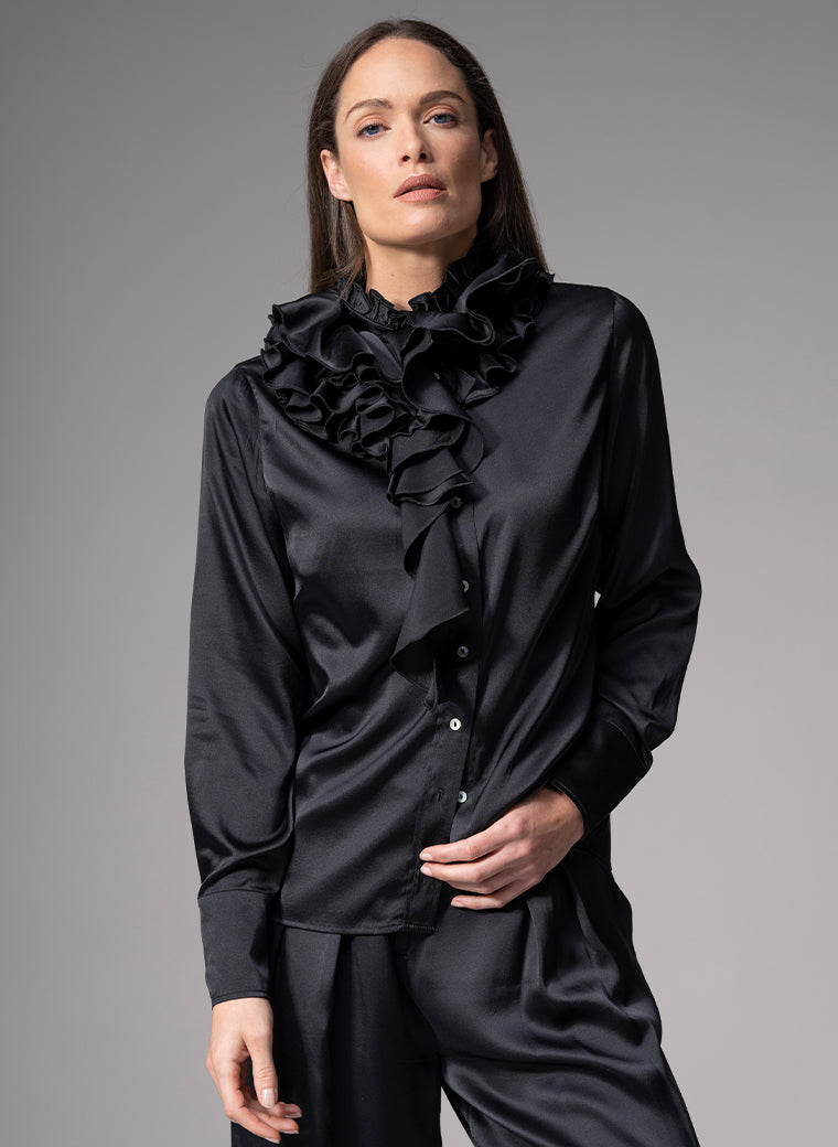 ADRIANNA BLACK RUFFLE COLLAR SILK SATIN EVENING BLOUSE