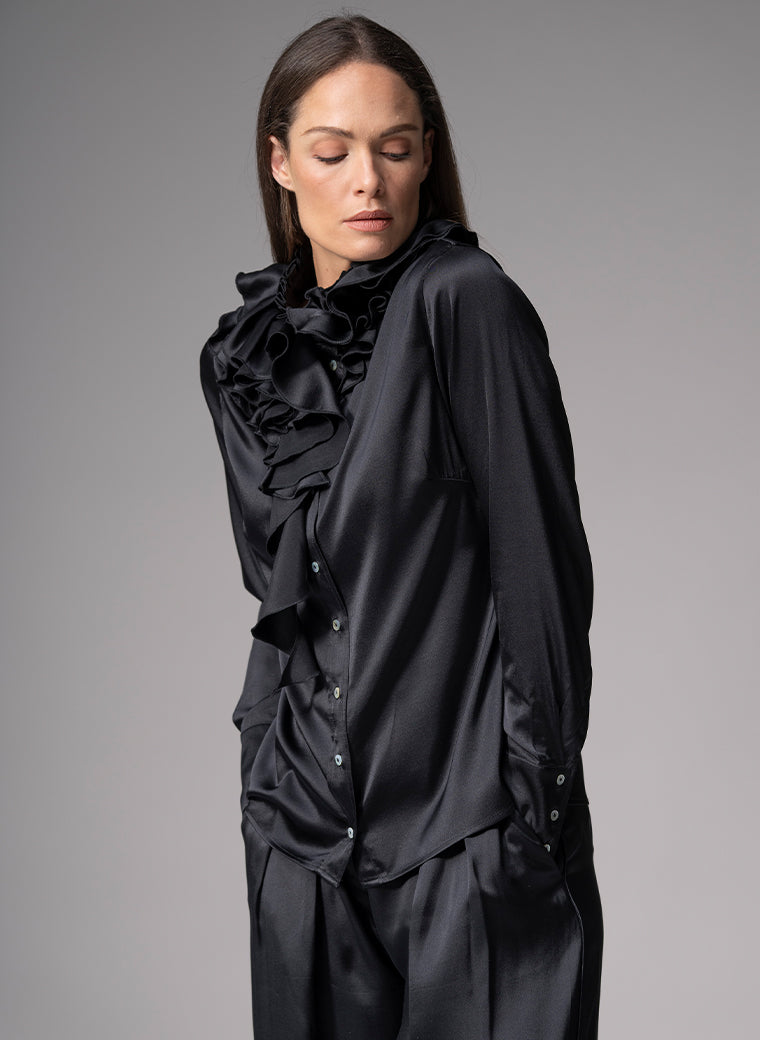 ADRIANNA BLACK RUFFLE COLLAR SILK SATIN EVENING BLOUSE