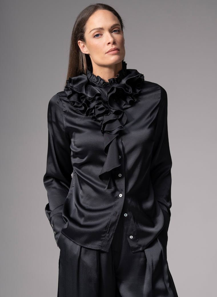 ADRIANNA BLACK RUFFLE COLLAR SILK SATIN EVENING BLOUSE
