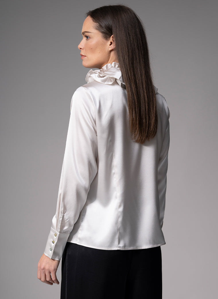 ADRIANNA PEARL RUFFLE COLLAR SILK SATIN EVENING BLOUSE