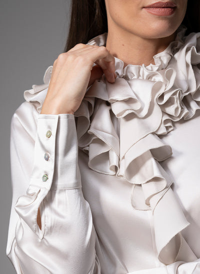 ADRIANNA PEARL RUFFLE COLLAR SILK SATIN EVENING BLOUSE