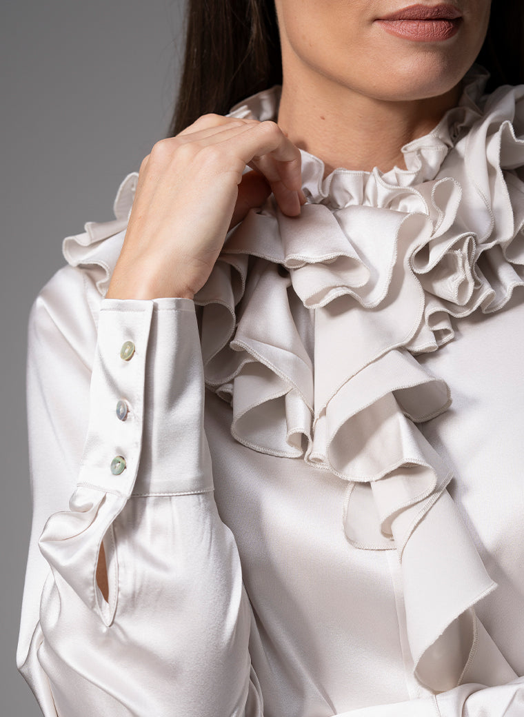 ADRIANNA PEARL RUFFLE COLLAR SILK SATIN EVENING BLOUSE