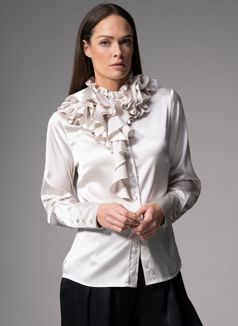 ADRIANNA PEARL RUFFLE COLLAR SILK SATIN EVENING BLOUSE