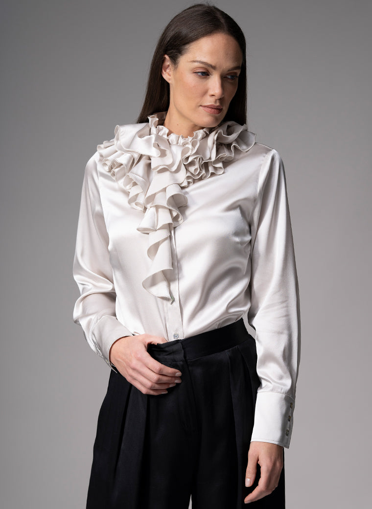 ADRIANNA PEARL RUFFLE COLLAR SILK SATIN EVENING BLOUSE
