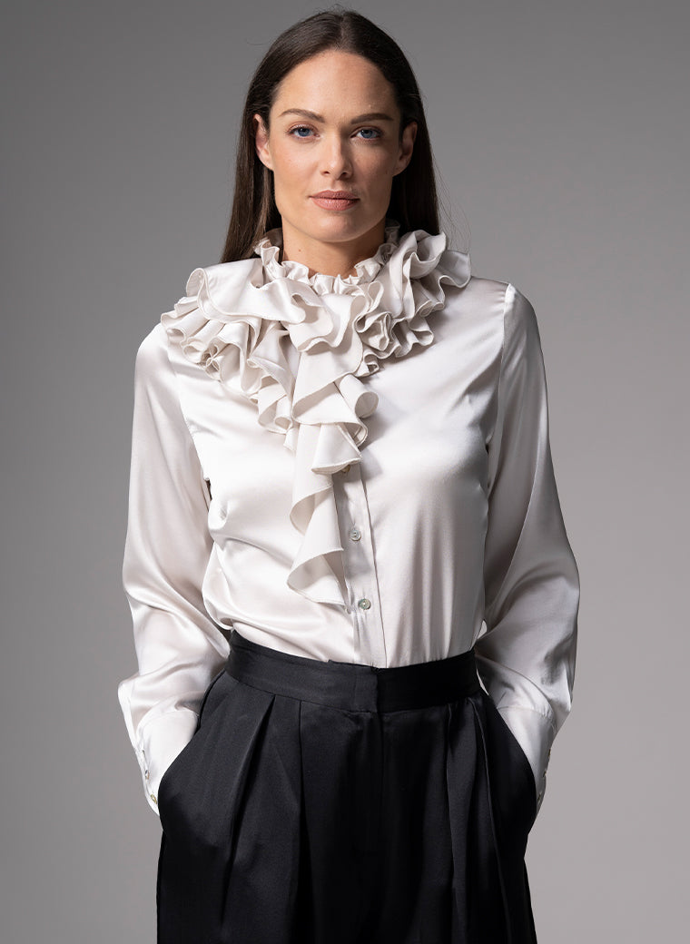 ADRIANNA PEARL RUFFLE COLLAR SILK SATIN EVENING BLOUSE
