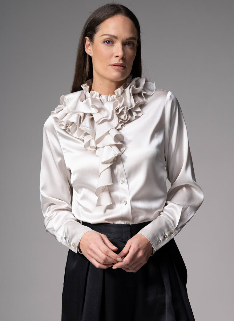 ADRIANNA PEARL RUFFLE COLLAR SILK SATIN EVENING BLOUSE