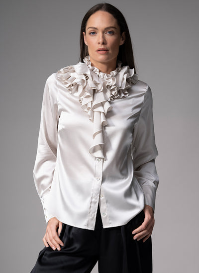 ADRIANNA PEARL RUFFLE COLLAR SILK SATIN EVENING BLOUSE