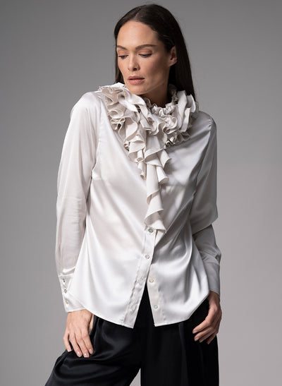 ADRIANNA PEARL RUFFLE COLLAR SILK SATIN EVENING BLOUSE