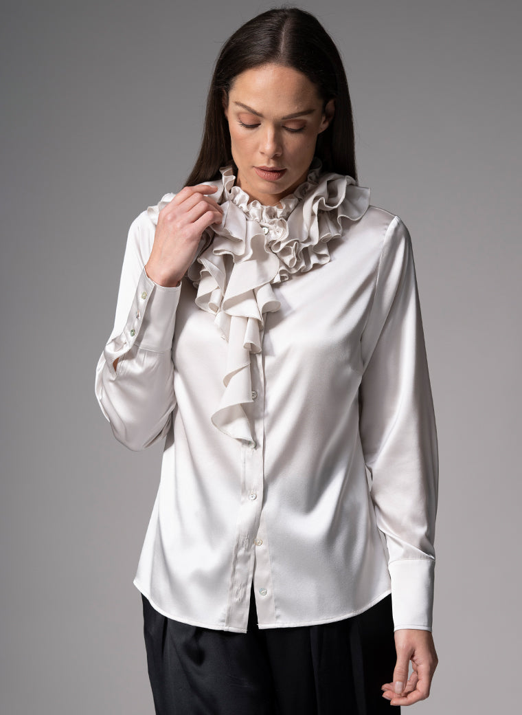 ADRIANNA PEARL RUFFLE COLLAR SILK SATIN EVENING BLOUSE