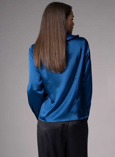 ADRIANNA SAPPHIRE RUFFLE COLLAR SILK SATIN EVENING BLOUSE