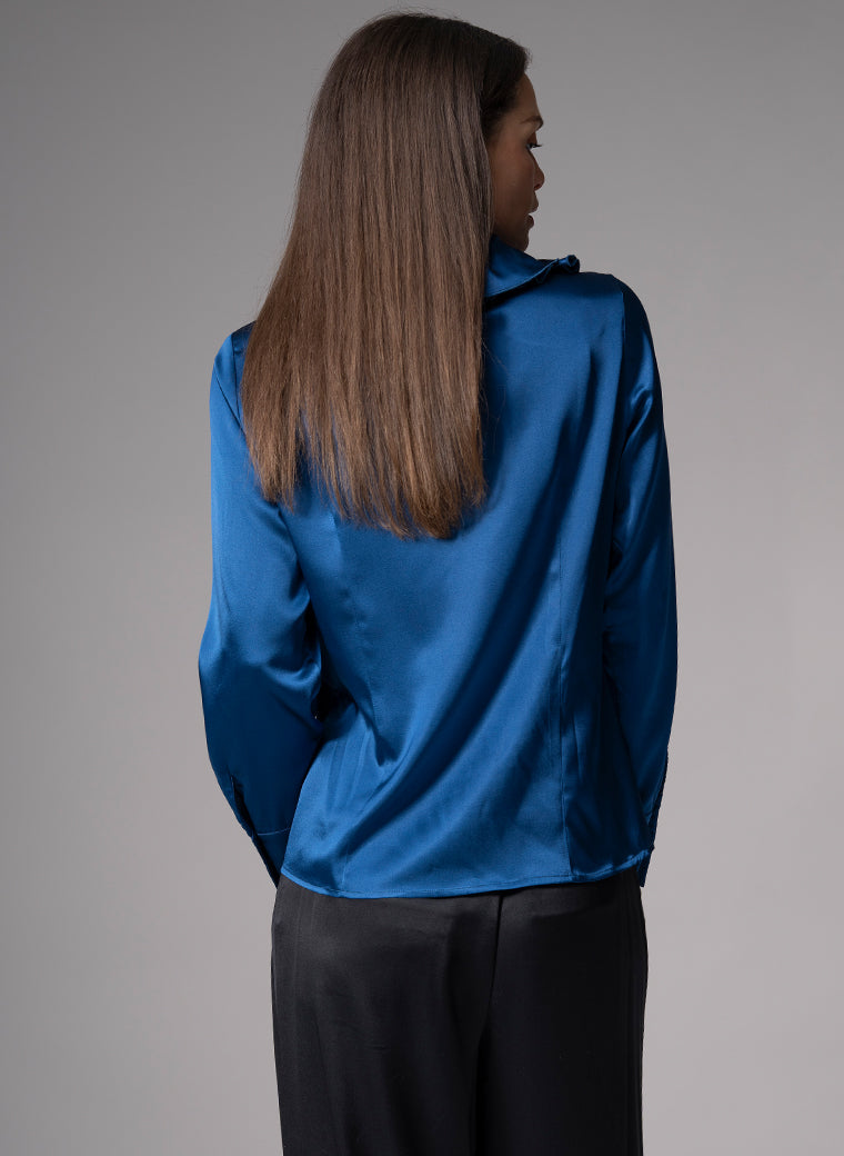 ADRIANNA SAPPHIRE RUFFLE COLLAR SILK SATIN EVENING BLOUSE