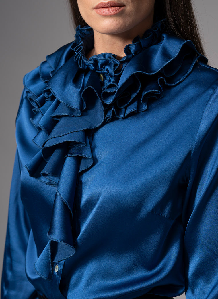 ADRIANNA SAPPHIRE RUFFLE COLLAR SILK SATIN EVENING BLOUSE