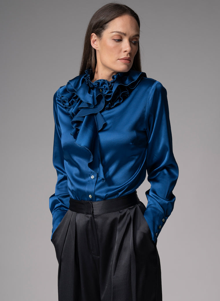 ADRIANNA SAPPHIRE RUFFLE COLLAR SILK SATIN EVENING BLOUSE