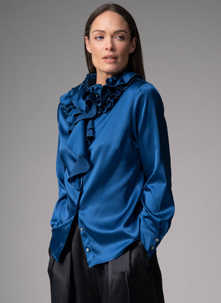 ADRIANNA SAPPHIRE RUFFLE COLLAR SILK SATIN EVENING BLOUSE