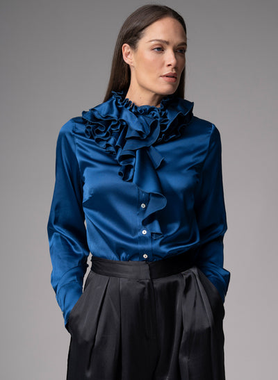 ADRIANNA SAPPHIRE RUFFLE COLLAR SILK SATIN EVENING BLOUSE