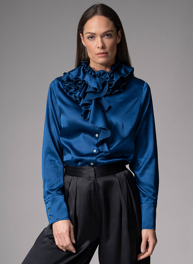 ADRIANNA SAPPHIRE RUFFLE COLLAR SILK SATIN EVENING BLOUSE