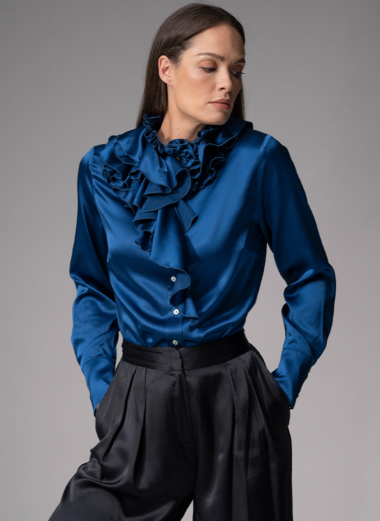 ADRIANNA SAPPHIRE RUFFLE COLLAR SILK SATIN EVENING BLOUSE