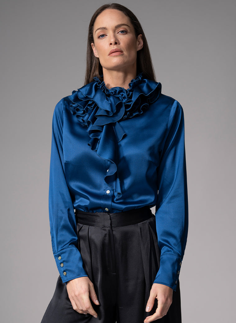 ADRIANNA SAPPHIRE RUFFLE COLLAR SILK SATIN EVENING BLOUSE