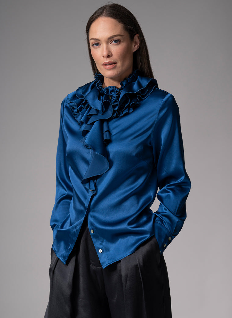 ADRIANNA SAPPHIRE RUFFLE COLLAR SILK SATIN EVENING BLOUSE