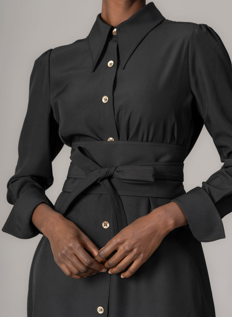 Allegra Black Everyday Midi Shirt Dress with Obi Belt