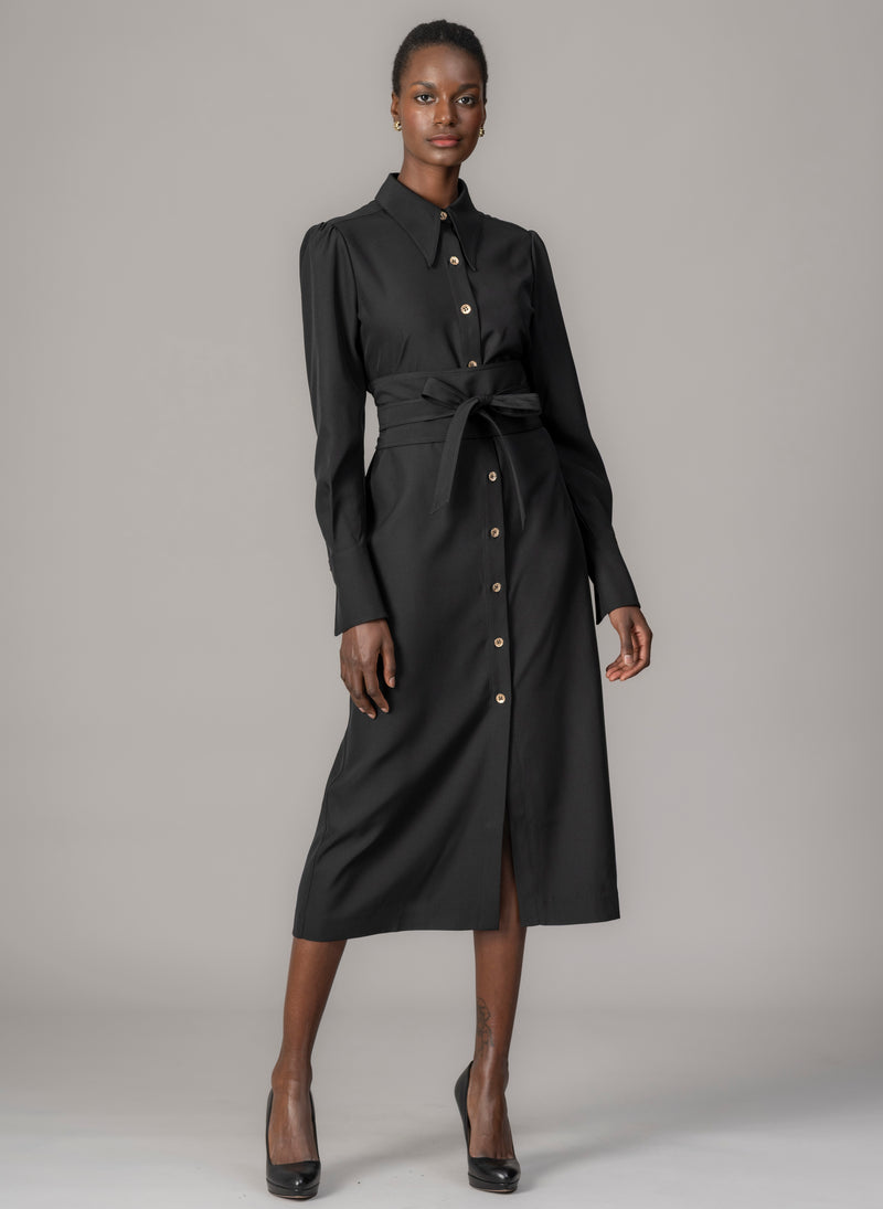 Allegra Black Everyday Midi Shirt Dress with Obi Belt