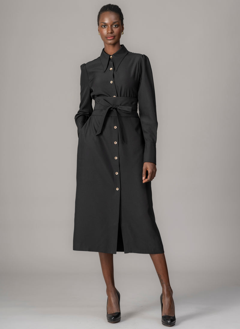Allegra Black Everyday Midi Shirt Dress with Obi Belt