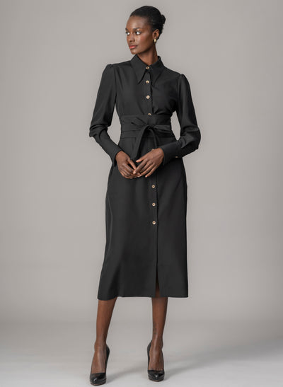 Allegra Black Everyday Midi Shirt Dress with Obi Belt