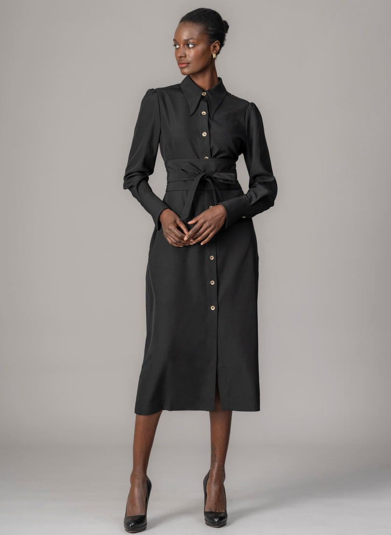 Allegra Black Everyday Midi Shirt Dress with Obi Belt