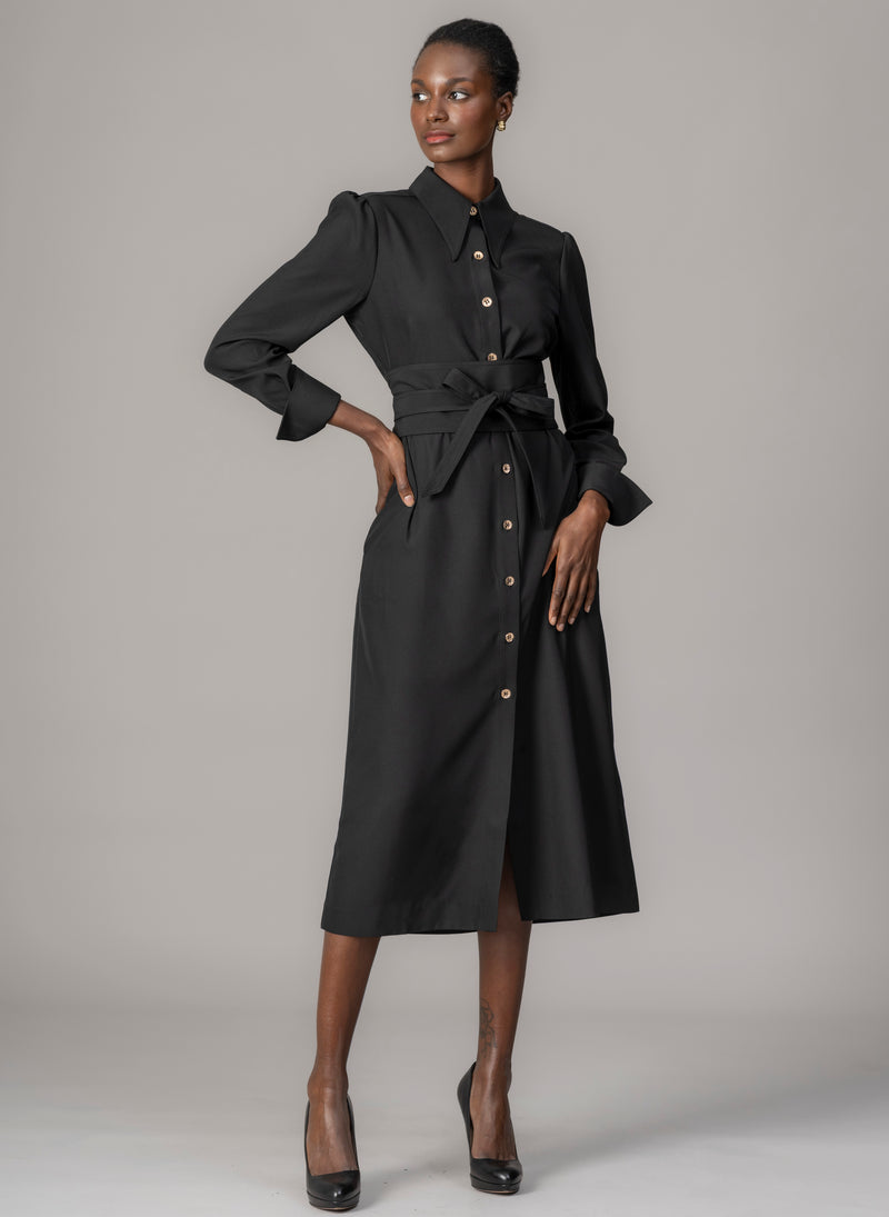 Allegra Black Everyday Midi Shirt Dress with Obi Belt