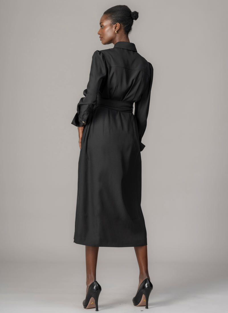 Allegra Black Everyday Midi Shirt Dress with Obi Belt