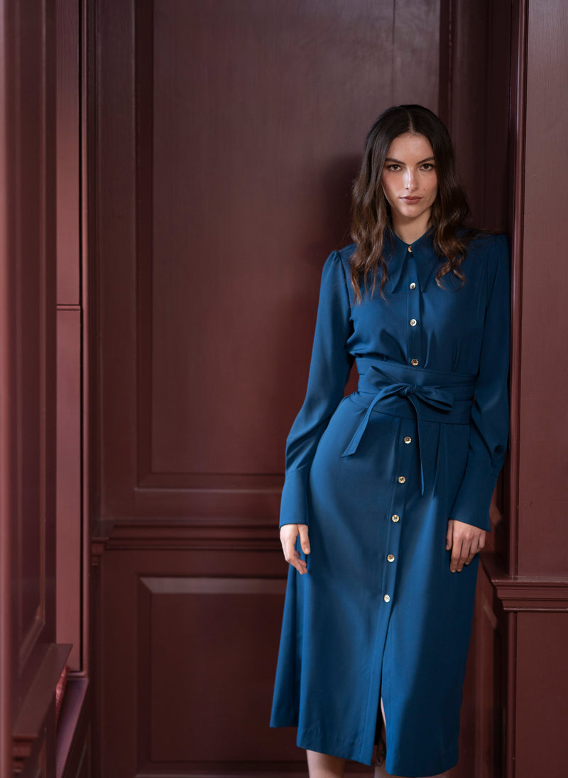 Allegra Prussian Blue Everyday Midi Shirt Dress with Obi Belt