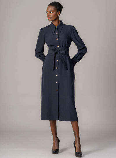 Allegra Navy Everyday Midi Shirt Dress with Obi Belt