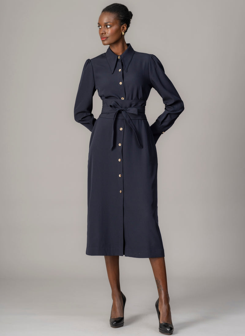 Allegra Navy Everyday Midi Shirt Dress with Obi Belt