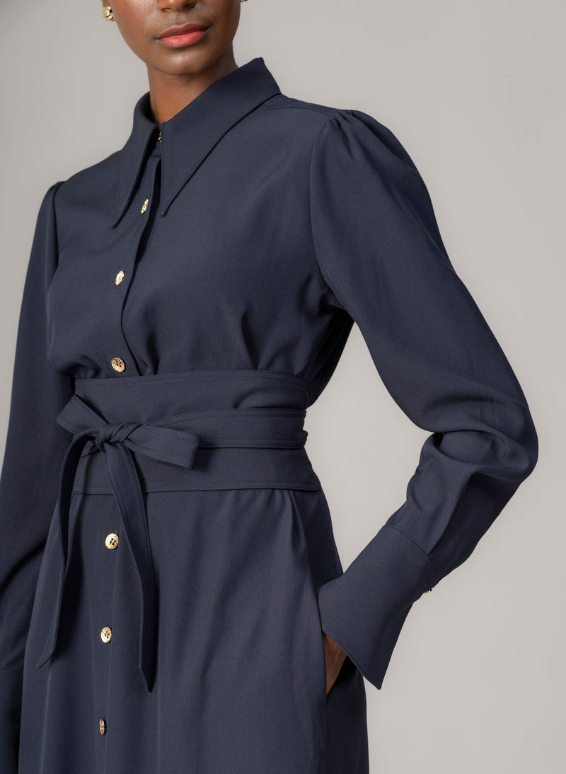 Allegra Navy Everyday Midi Shirt Dress with Obi Belt