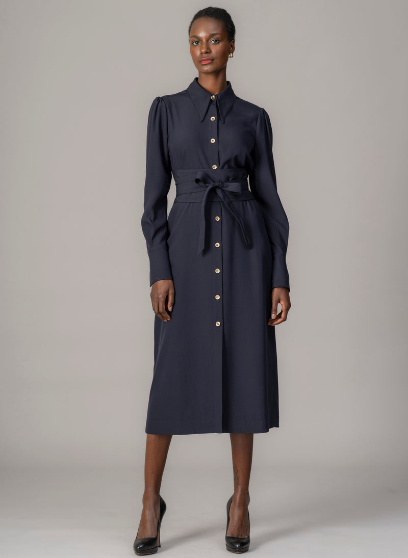 Allegra Navy Everyday Midi Shirt Dress with Obi Belt