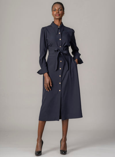 Allegra Navy Everyday Midi Shirt Dress with Obi Belt