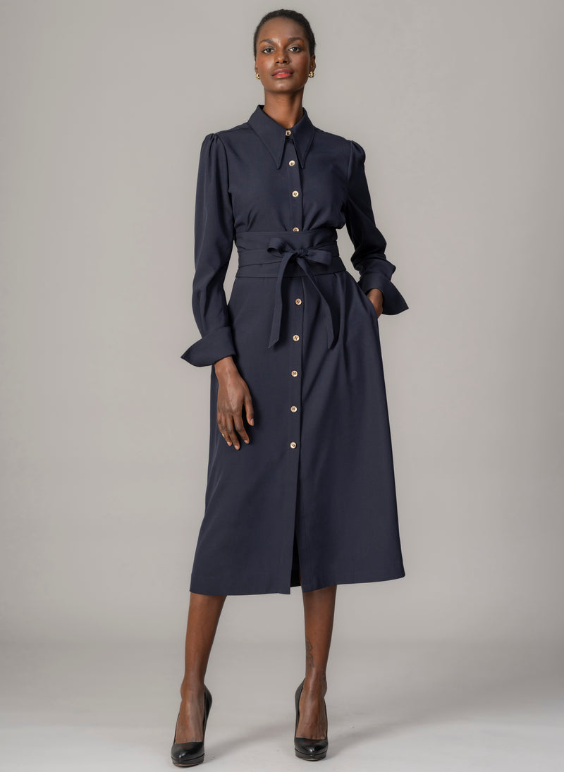 Allegra Navy Everyday Midi Shirt Dress with Obi Belt