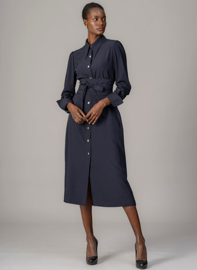 Allegra Navy Everyday Midi Shirt Dress with Obi Belt