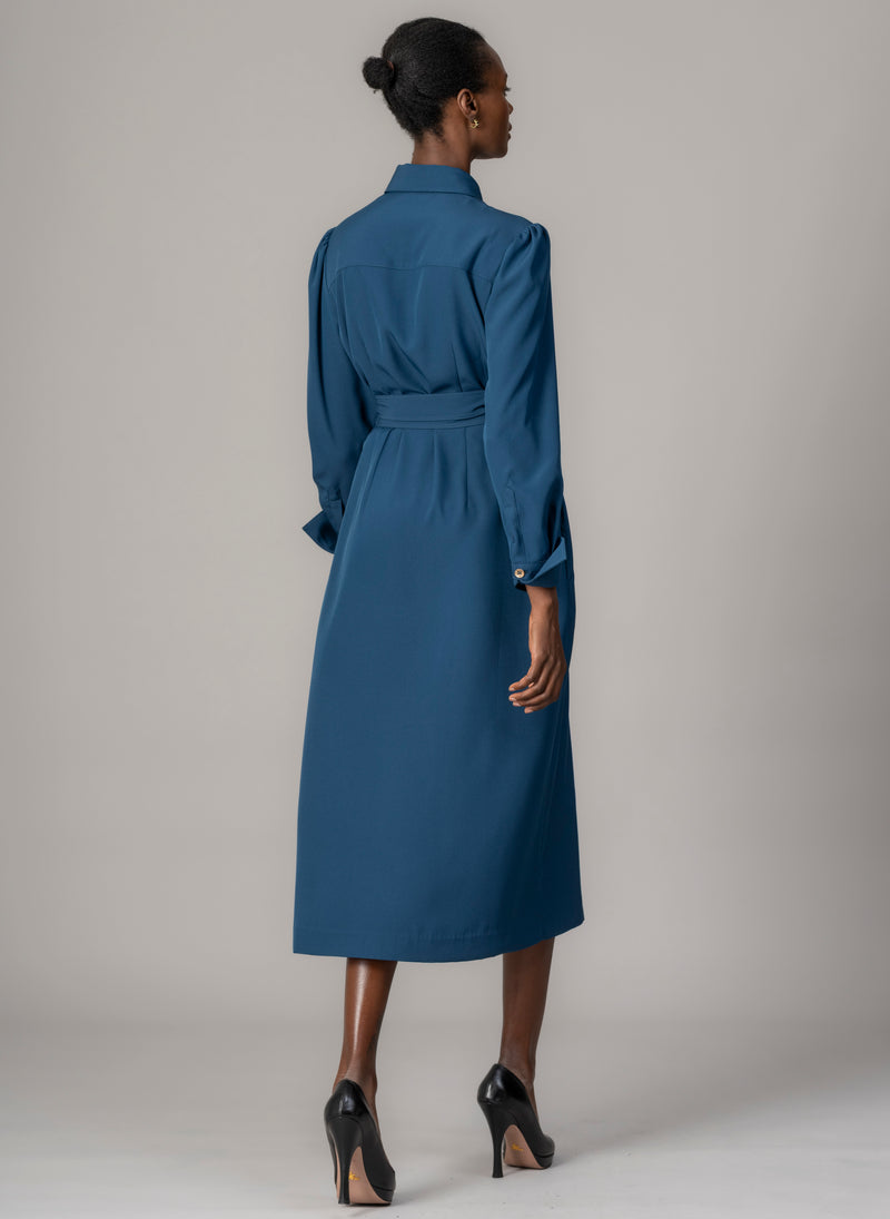 Allegra Prussian Blue Everyday Midi Shirt Dress with Obi Belt