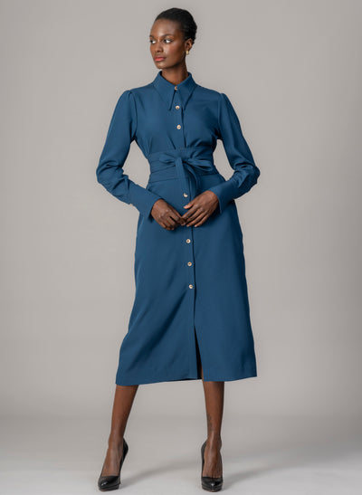 Allegra Prussian Blue Everyday Midi Shirt Dress with Obi Belt