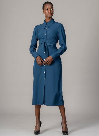 Allegra Prussian Blue Everyday Midi Shirt Dress with Obi Belt