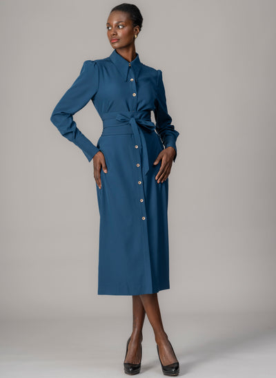 Allegra Prussian Blue Everyday Midi Shirt Dress with Obi Belt